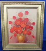 Oil Painting signed Robert Cox depicting a vase of red roses housed in a gilt wood frame approx.