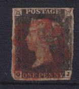 Stamp, GB QV 1840 1d black OJ, 3 1/2 margins, ragged at right and small crease at NE, cancelled with
