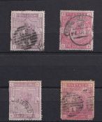 Stamps, GB QV 1883 2/6 lilac and 5/- Rose. 2 of each value in used condition with some faults. SG178