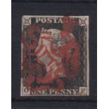 Stamp, GB QV 1840 1d black OF, 4 margins cancelled with a red MC. SG2 cat £375 (1)