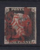 Stamp, GB QV 1840 1d black OF, 4 margins cancelled with a red MC. SG2 cat £375 (1)