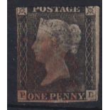 Stamp, GB QV 1840 1d grey-black PD, 2 good margins cancelled with a red MC. SG3 cat £500 (1)