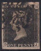 Stamp, GB QV 1840 1d black DJ, 4 huge-large margins cancelled with a black MC. SG2 cat £375 (1)