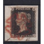Stamp, GB QV 1840 1d black CJ on piece, 4 good-large margins cancelled with a red MC. Slight nick to