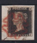 Stamp, GB QV 1840 1d black CJ on piece, 4 good-large margins cancelled with a red MC. Slight nick to