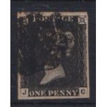 Stamp, GB QV 1840 1d black JC, 4 good-large margins cancelled with a heavy black MC. Has a small