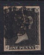 Stamp, GB QV 1840 1d black JC, 4 good-large margins cancelled with a heavy black MC. Has a small