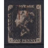 Stamp, GB QV 1840 1d black KH, 3 margins cancelled with a black MC. SG2 cat £375 (1)