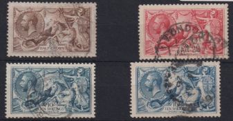 Stamps, GB KGV 1918-19 Seahorses, 2/6, 5/- and 10/- (2) used. SG415a-417 cat £570 (4)