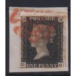 Stamp, GB QV 1840 1d black GC on piece, 4 good-large margins just touched SE, cancelled with a red