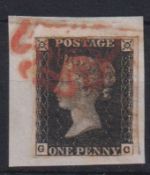 Stamp, GB QV 1840 1d black GC on piece, 4 good-large margins just touched SE, cancelled with a red