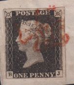 Stamp, GB QV 1840 1d black BJ, on piece, 4 huge margins cancelled with a red MC. SG2 cat £375 (1)