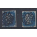 Stamps, GB QV 1940 2d blues EJ & CG each with 3 margins and cancelled with black MXs. SG5 cat £1,950