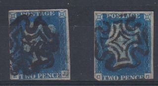 Stamps, GB QV 1940 2d blues EJ & CG each with 3 margins and cancelled with black MXs. SG5 cat £1,950