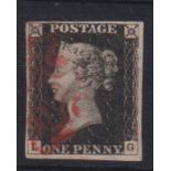 Stamp, GB QV 1840 1d black LG, 4 good-large margins cancelled with a red MC. SG2 cat £375 (1)