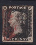 Stamp, GB QV 1840 1d black LG, 4 good-large margins cancelled with a red MC. SG2 cat £375 (1)