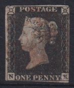 Stamp, GB QV 1840 1d black NK, 3 margins (just) cancelled with a feint red MC. SG2 cat £375 (1)