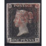 Stamp, GB QV 1840 1d black JB, 4 large margins lightly cancelled with a red MC. SG2 cat £375 (1)