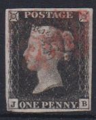 Stamp, GB QV 1840 1d black JB, 4 large margins lightly cancelled with a red MC. SG2 cat £375 (1)