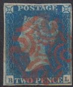 Stamp, GB QV 2d Blue BD, plate 1, 4 margins with a full strike of a red MX. Superb. SG5 cat £975 (
