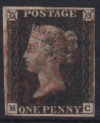 Stamp, GB QV 1840 1d black MC, 4 good-tight margins cancelled with a red MC. SG2 cat £375 (1)