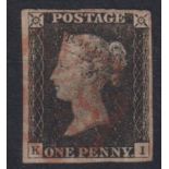 Stamps, GB QV 1d black KI 4 good margins and lightly cancelled by a red MC. Stated by vendor to be