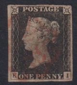 Stamps, GB QV 1d black KI 4 good margins and lightly cancelled by a red MC. Stated by vendor to be