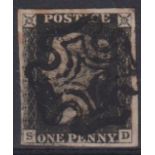 Stamps, GB QV 1d black SD 4 margins with a full strike of a black MC. SG2 cat £375 (1)