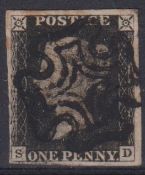 Stamps, GB QV 1d black SD 4 margins with a full strike of a black MC. SG2 cat £375 (1)