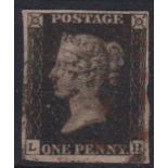 Stamp, GB QV 1840 1d black LH, 4 margins cancelled with indistinct red and black MCs. SG2 cat £