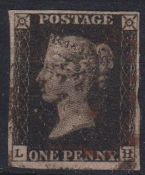 Stamp, GB QV 1840 1d black LH, 4 margins cancelled with indistinct red and black MCs. SG2 cat £