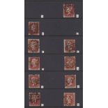 Stamps, GB QV 1841 1d red-brown imperf part set of 10 obliterated by Maltese Cross with number in