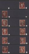 Stamps, GB QV 1841 1d red-brown imperf part set of 10 obliterated by Maltese Cross with number in
