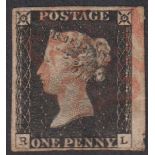 Stamp, GB QV 1d black RL, 4 margins very lightly cancelled with a red MX. SG2 cat £375 (1)