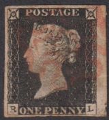Stamp, GB QV 1d black RL, 4 margins very lightly cancelled with a red MX. SG2 cat £375 (1)