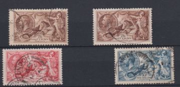 Stamps, GB KGV 1934 re-engraved Seahorses, 2/6, (2) 5/- and 10/- used. SG450-452 cat £245 (4)