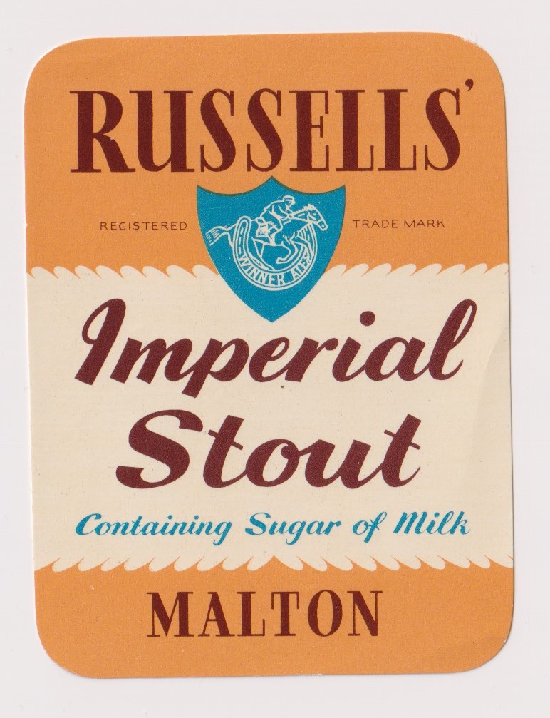 Beer label, Russells', Malton, Imperial Stout, vertical rectangular (vg/mint)