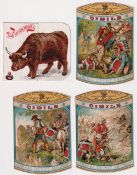 Trade Cards, 4 cards to comprise 3 Cibils die cut tin shaped 'Extractum Carnis' cards featuring