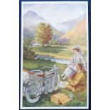 Postcard, a poster advert for Harley Davidson Motor Cycles, showing couple on picnic in the