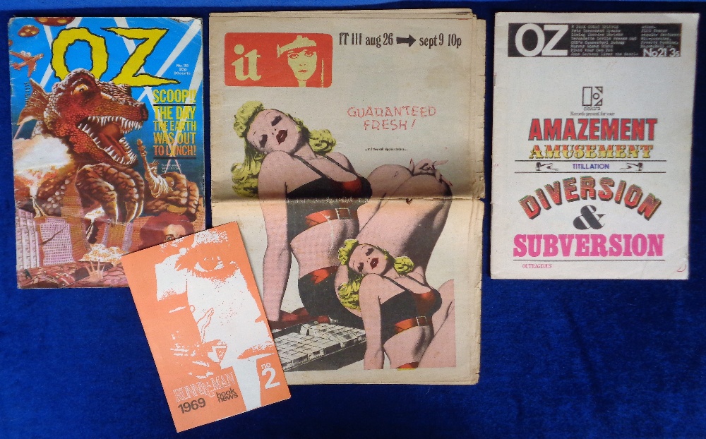 Oz Magazines, Nos 21 and 38 together with IT paper 26th August 1971 and 1969 Runningman book news