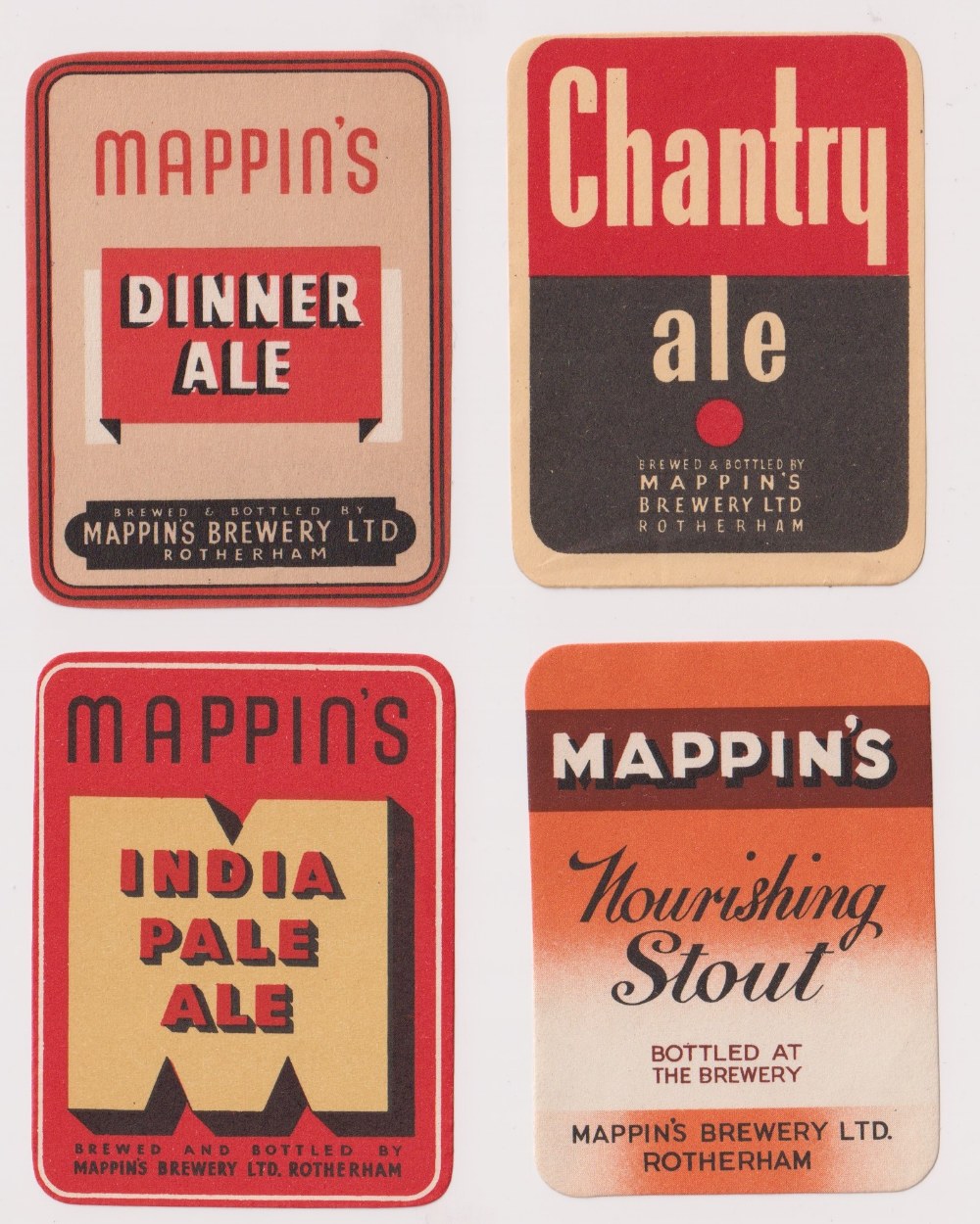 Beer labels, Mappin's Brewery Rotherham, 4 rectangular labels, India Pale Ale, Nourishing Stout,