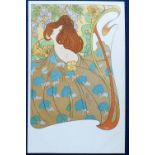 Postcard, Art Nouveau, glamour, classical girl in dress, somewhat in the style of Henri Meunier,