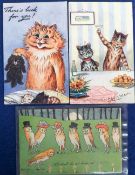 Postcards, a Louis Wain illustrated selection of 3 cards inc. Owls 'We shall be at home at ….', '