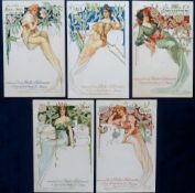 Postcards, Art Nouveau, Glamour, Girls & Flowers, 5 cards with adverts for Belle Jardiniere,