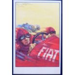 Postcard, Advertising, artist drawn Motoring advert for Fiat, art deco Racing cars (unused vg) (1)
