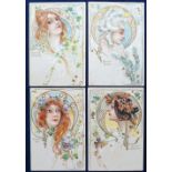 Postcards, Art Nouveau, Glamour, Four Seasons, classical girl’s heads, Series 632 complete, ub (
