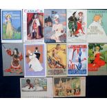 Postcards, Advertising, 12 cards inc. Cash & Co, Le Figaro, Hills Biscuits, Sapporo Brewery Japan ‘