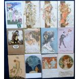 Postcards, Glamour, a mixed, mostly glamour selection of 12 cards, Artists include Kosa, Mosa, Mucha