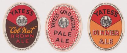 Beer labels, Yates's Castle Brewery, Manchester, 3 vertical oval labels, 83mm high, Dinner Ale, Pale