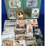 Postcards, a vintage album containing over 80 cards inc. scouts artist drawn and colour